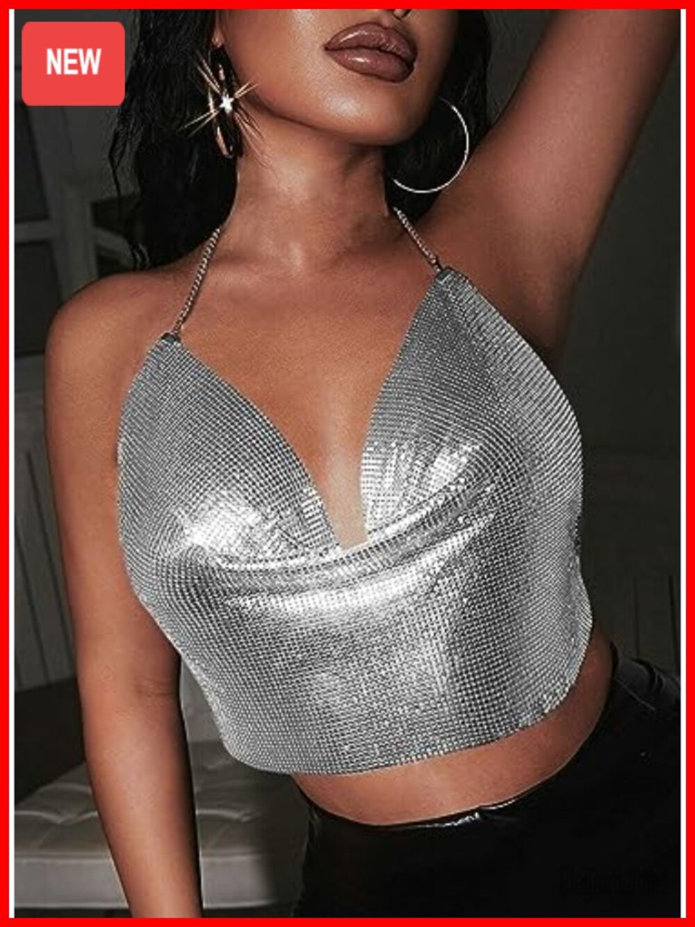 Sequin Rhinestone Chain Halter Backless Crop Top - Picture 2 of 5